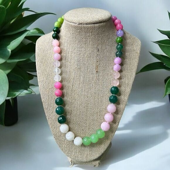 One of a Kind Handmade Genuine Gemstone Necklace Nature Colors Jade Quartz 18KGP - Picture 2 of 5